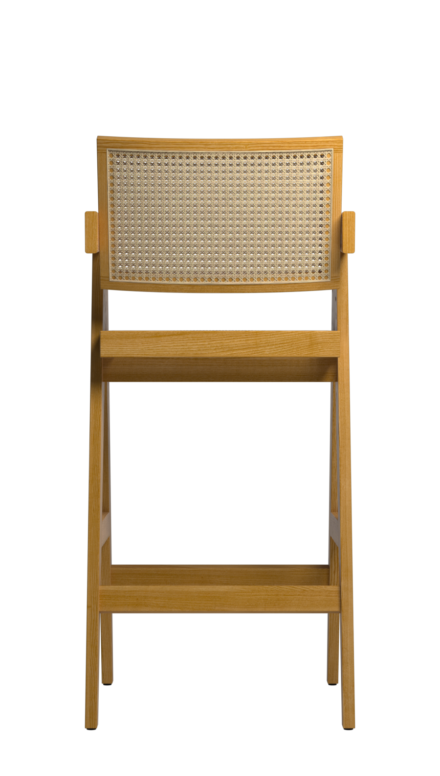 Brown rattan seat barstool named Pierre with a natural wood finish, 65-88 cm height, perfect for modern kitchen or bar area.