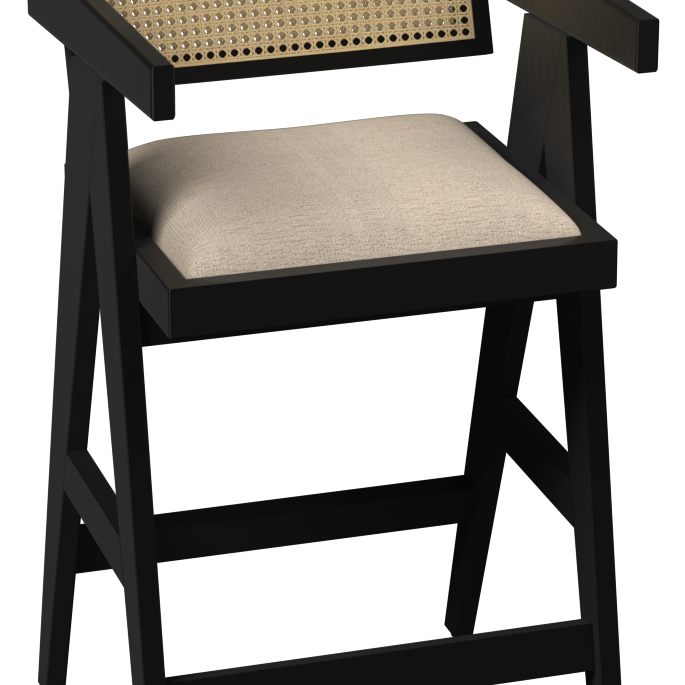 My Store Pierre black barstool with upholstered off-white seat, 65-88 cm height, modern design, and sturdy black frame.