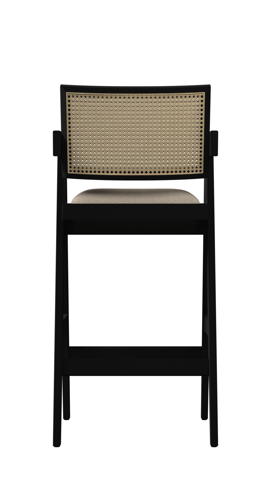 Upholstered off-white Pierre barstool with black legs and frame, 65-88 cm height, modern design for kitchen or bar area.