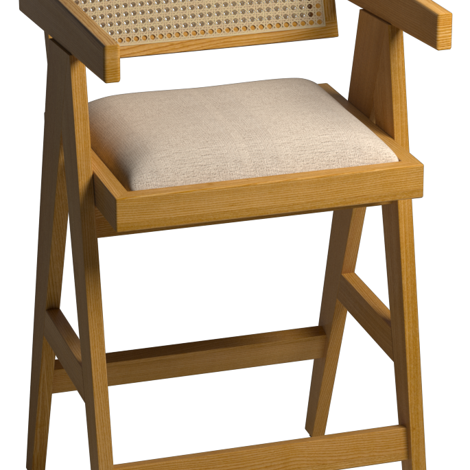 Off-white upholstered Pierre barstool with brown wooden legs, showcasing a modern design and comfortable seat height.