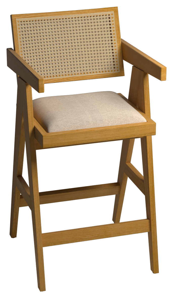 Off-white upholstered Pierre barstool with brown wooden legs, showcasing a modern design and comfortable seat height.