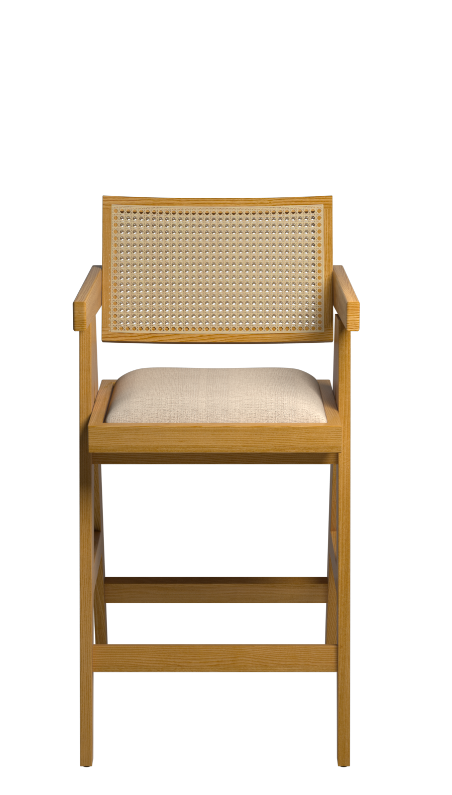 Off-white upholstered Pierre barstool with brown wooden legs, 65-88 cm height, modern design for kitchen or bar area.