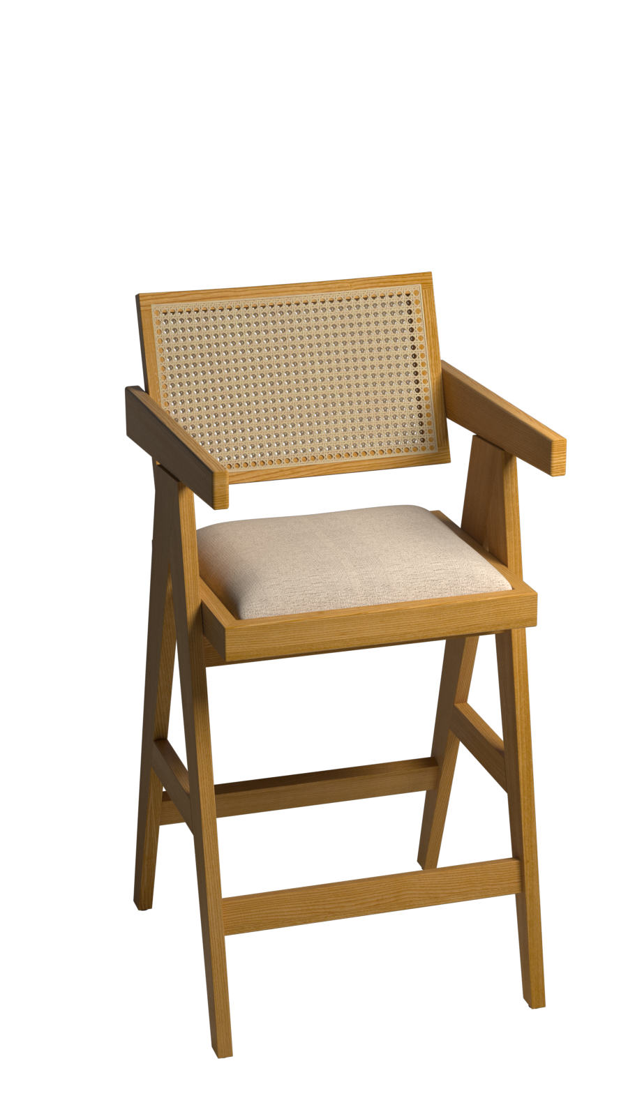 Off-white upholstered barstool with brown Pierre frame, compact height, modern design, suitable for kitchen or bar area.