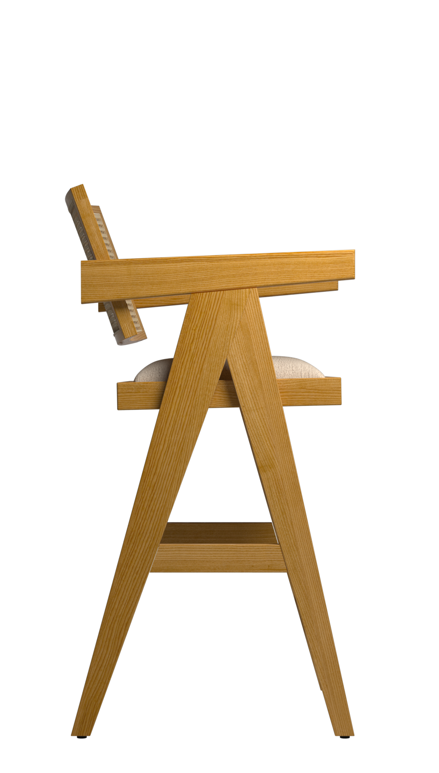 Off-white upholstered Pierre barstool with brown wooden legs, 65-88 cm height, modern seating for kitchen or bar area.