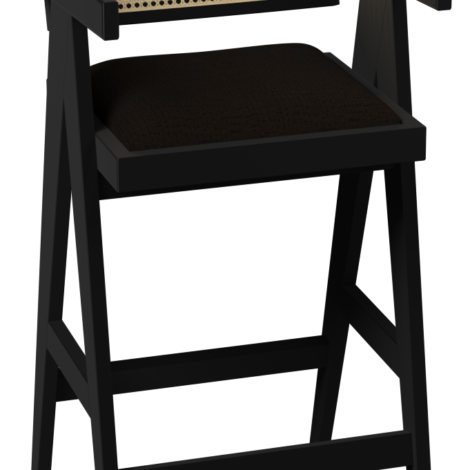 Black upholstered seat barstool from the Pierre collection, featuring a sleek modern design with sturdy black legs.