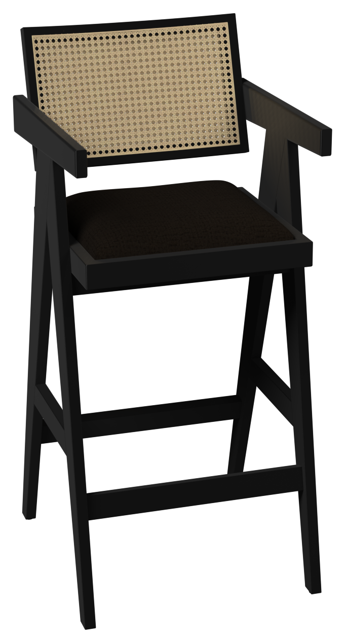 Black upholstered seat barstool from the Pierre collection, featuring a sleek modern design with sturdy black legs.