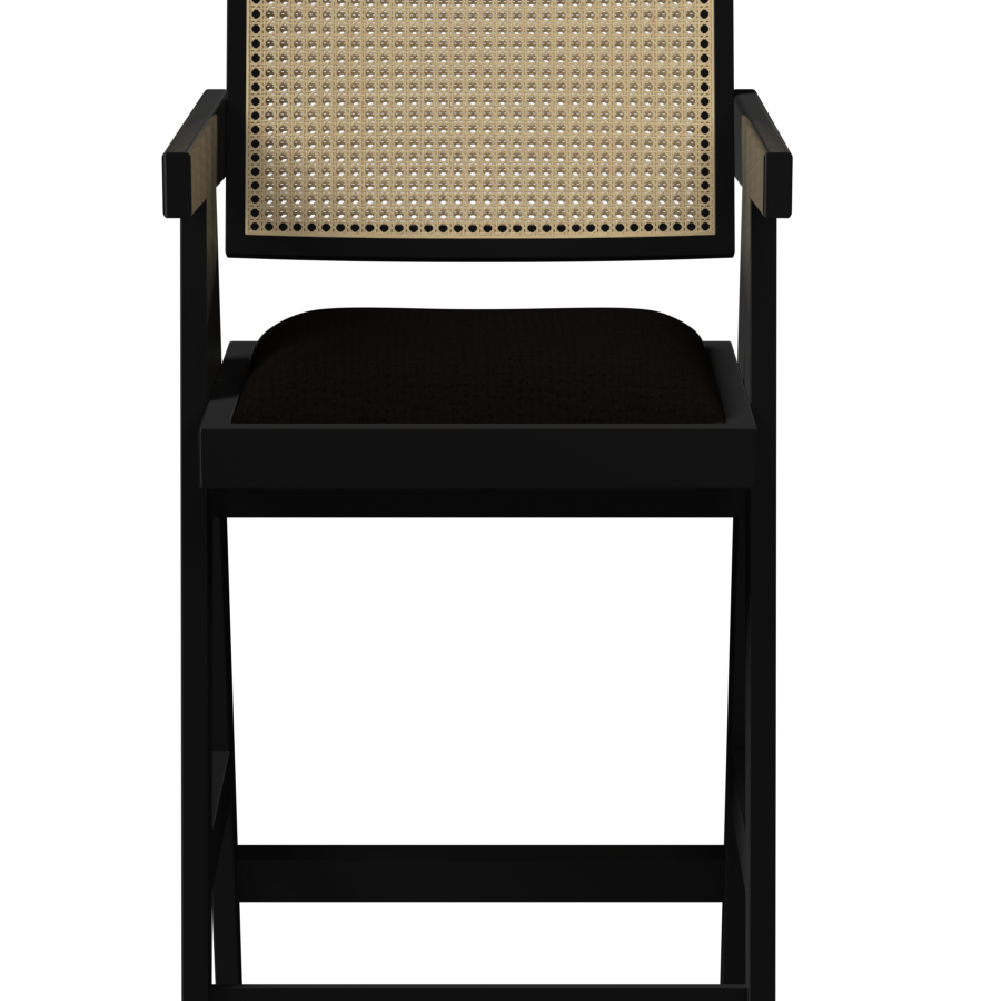 Black upholstered seat barstool from Pierre collection by My Store, showcasing a sleek, modern design and sturdy black legs.