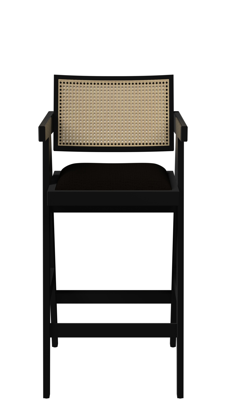 Black upholstered seat barstool from Pierre collection by My Store, showcasing a sleek, modern design and sturdy black legs.