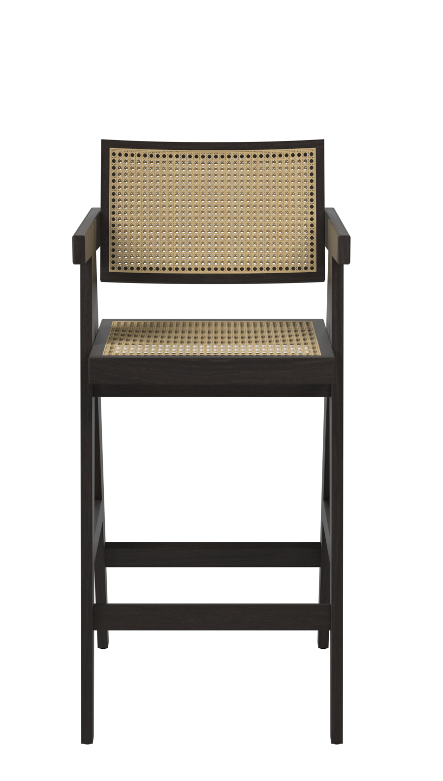 Dark brown Pierre barstool with rattan seat, featuring a sturdy design and modern style for kitchen or bar areas.