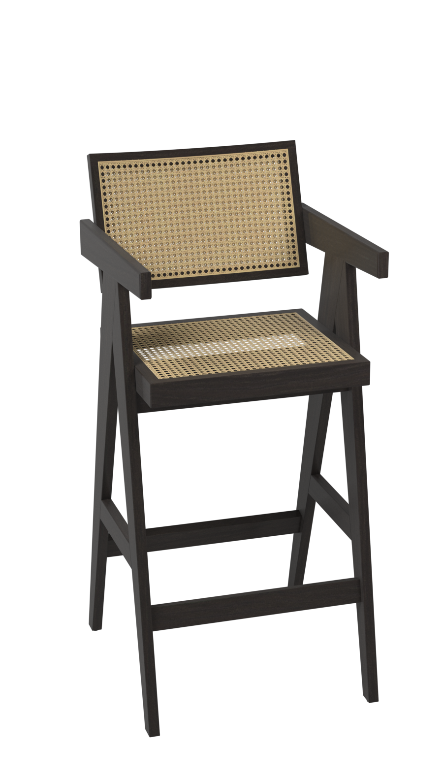 Dark brown rattan seat barstool named Pierre with a sturdy frame, ideal for modern kitchen or bar areas.