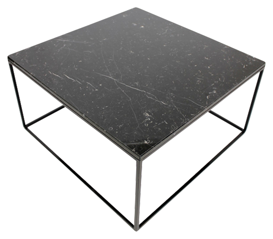 Square Nero Marquina black marble coffee table with glossy finish and subtle scratches, 80x80 cm, by My Store.