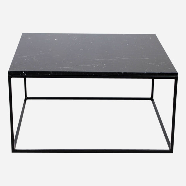 Square Nero Marquina marble coffee table with glossy black surface and subtle scratches, modern design, 80x80 cm.