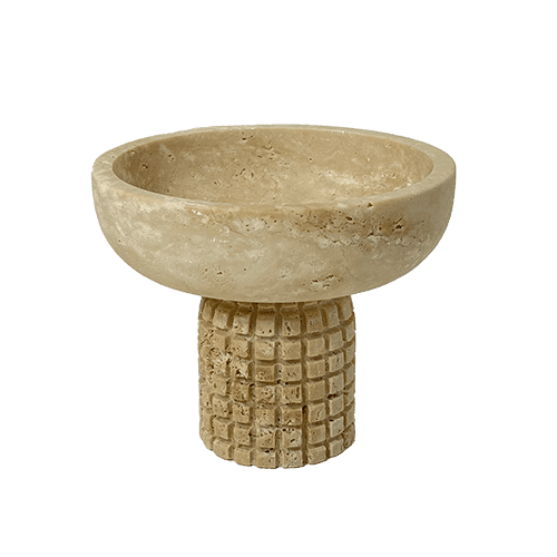 Decorative ARTIFAKT collection bowl made of travertine stone, featuring a smooth, natural finish with elegant rounded edges.