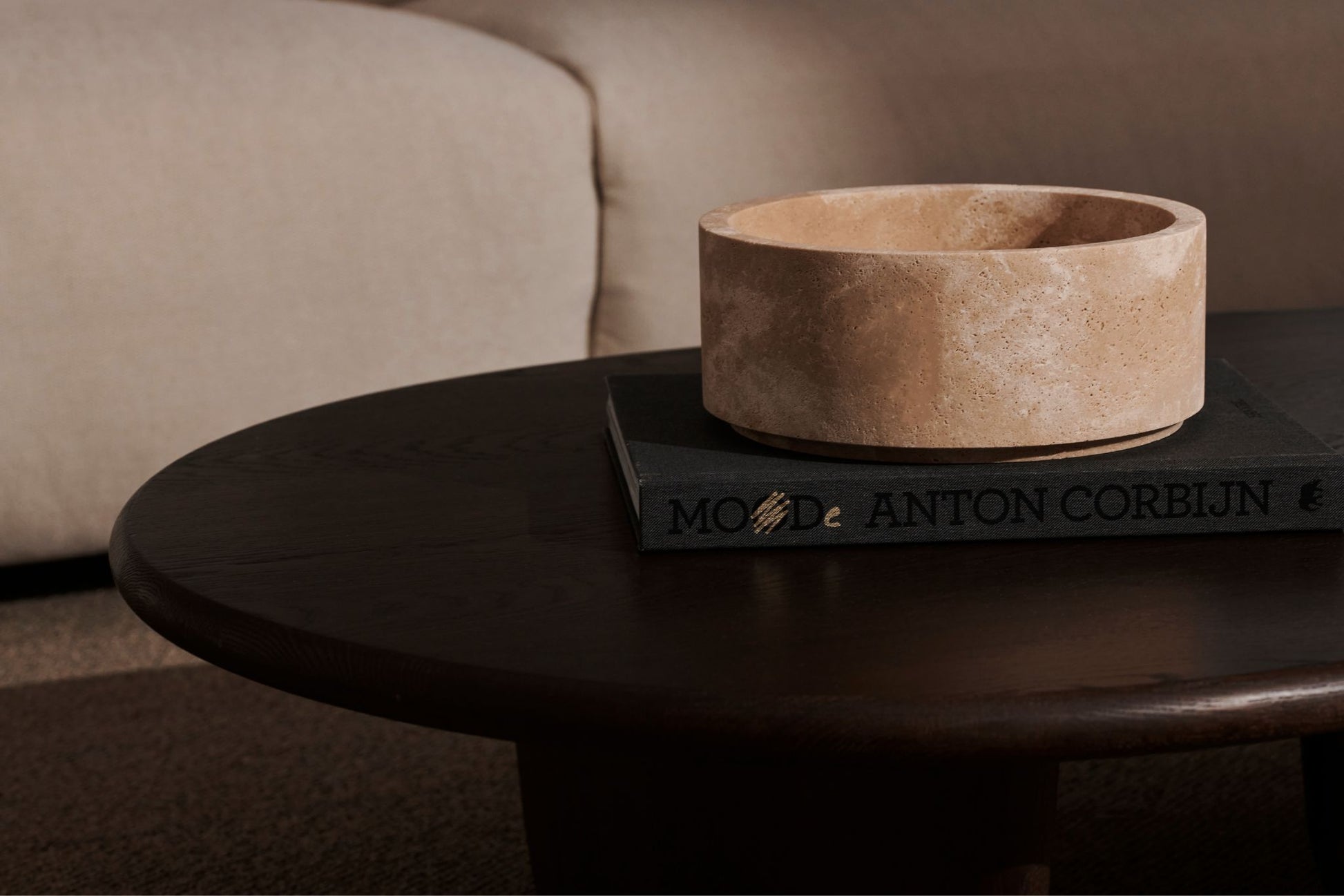 Artifakt collection fruit bowl made of travertine stone, natural textured surface, decorative kitchen or dining accessory