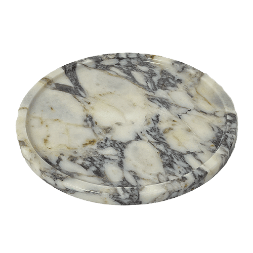 Round ARTIFAKT collection tray in Amarante finish, showcasing a stylish decorative tray with a smooth, rounded design.