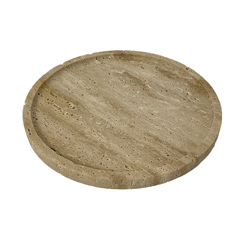 Round travertine tray from the ARTIFAKT collection, featuring a natural stone surface and elegant design.