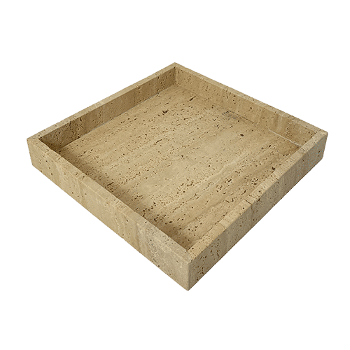 Squared tray from ARTIFAKT collection with natural travertine surface, showcasing its elegant, textured stone design.