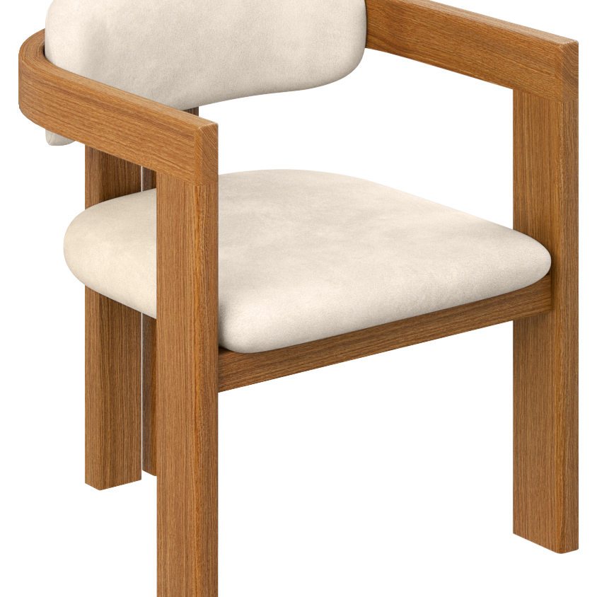 Upholstered off-white dining chair with brown legs and frame, stylish and comfortable for modern dining rooms.