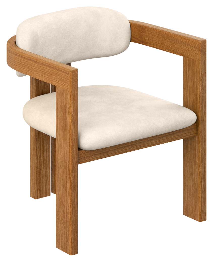 Upholstered off-white dining chair with brown legs and frame, stylish and comfortable for modern dining rooms.