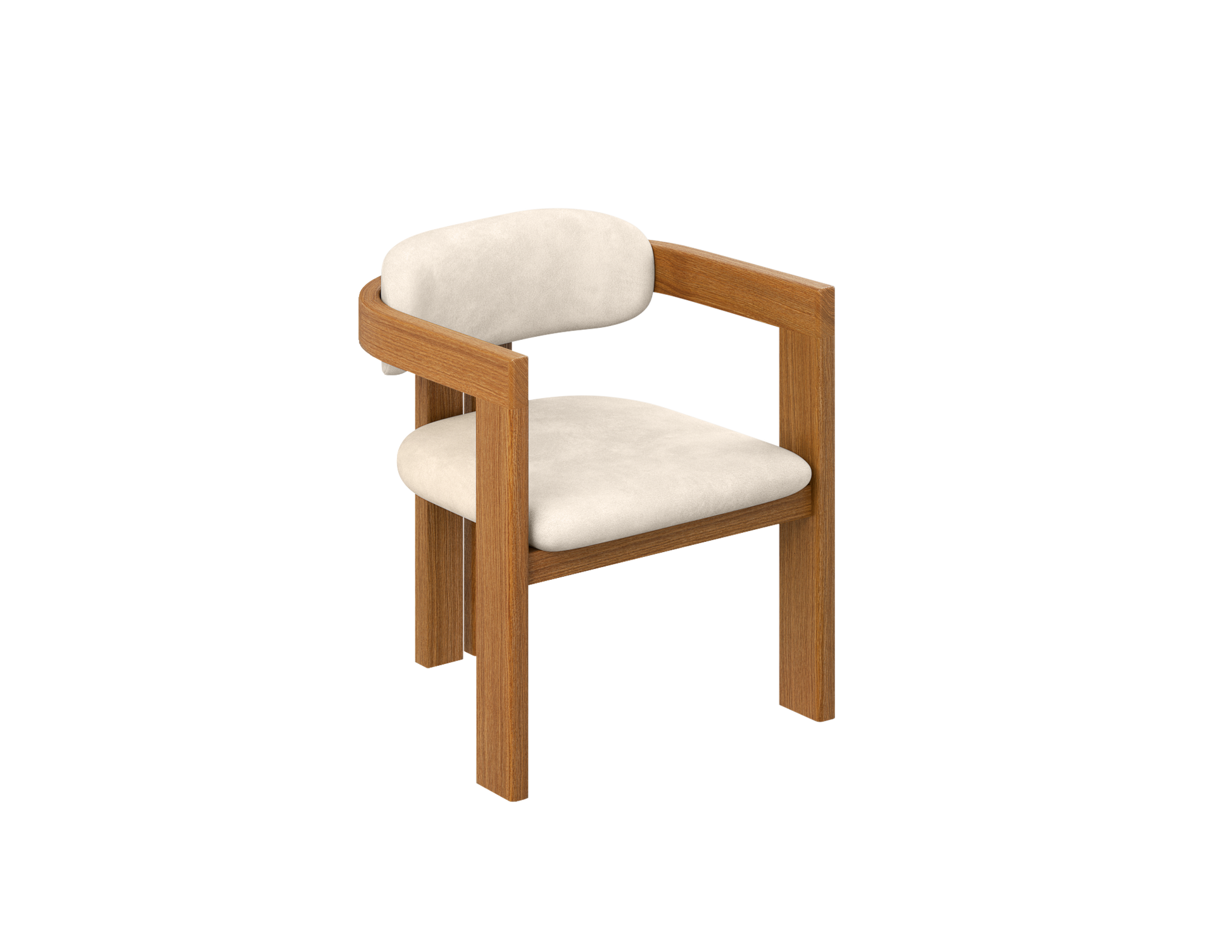 Upholstered off-white dining chair with brown wooden legs, modern design, perfect for contemporary dining rooms.