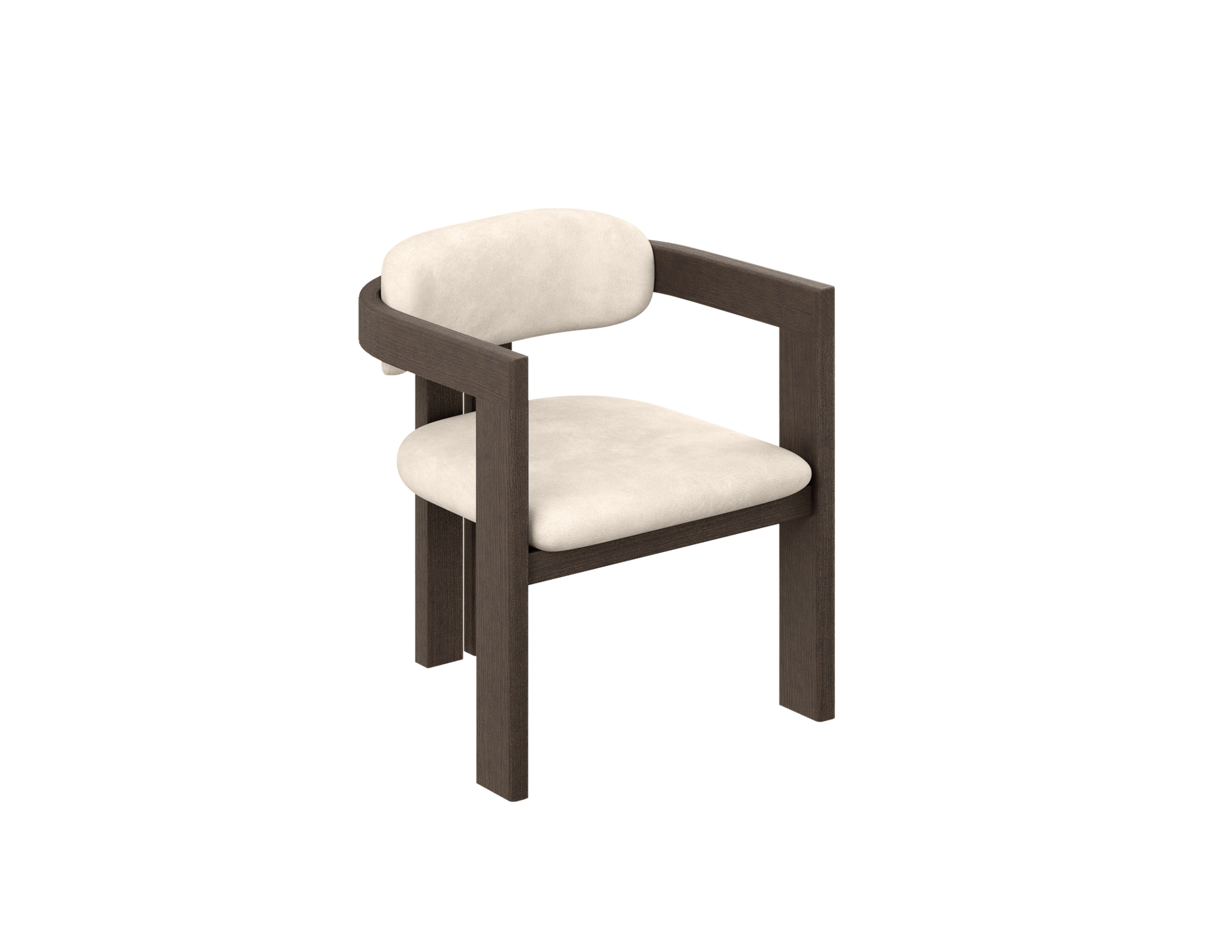 Upholstered off-white dining chair with dark brown wooden legs and frame from the Tribute collection.