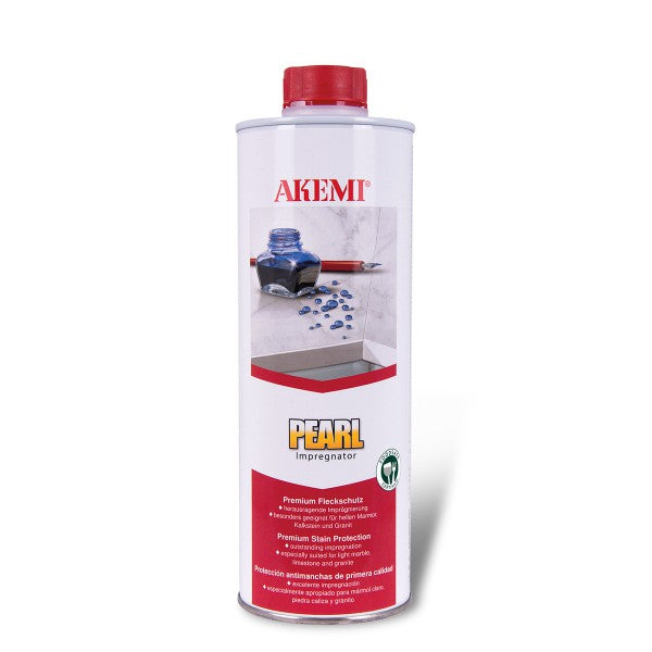 Impregnating agent for polished and honed marble, natural stone, showing application on a marble surface in a bottle labeled My Store