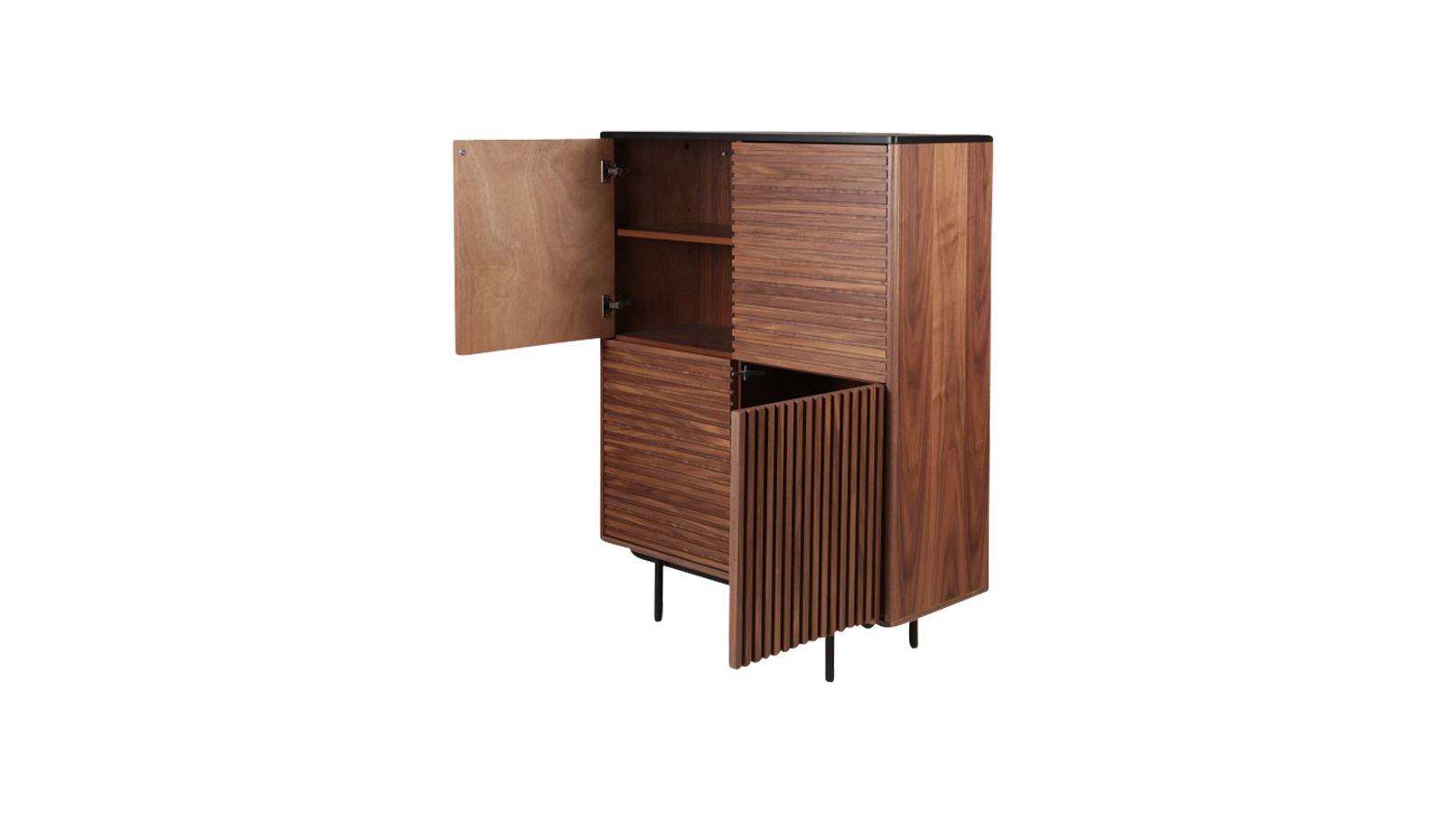 Brown walnut KOMO cabinet with sleek design and wood grain texture, ideal for modern living room or office storage.