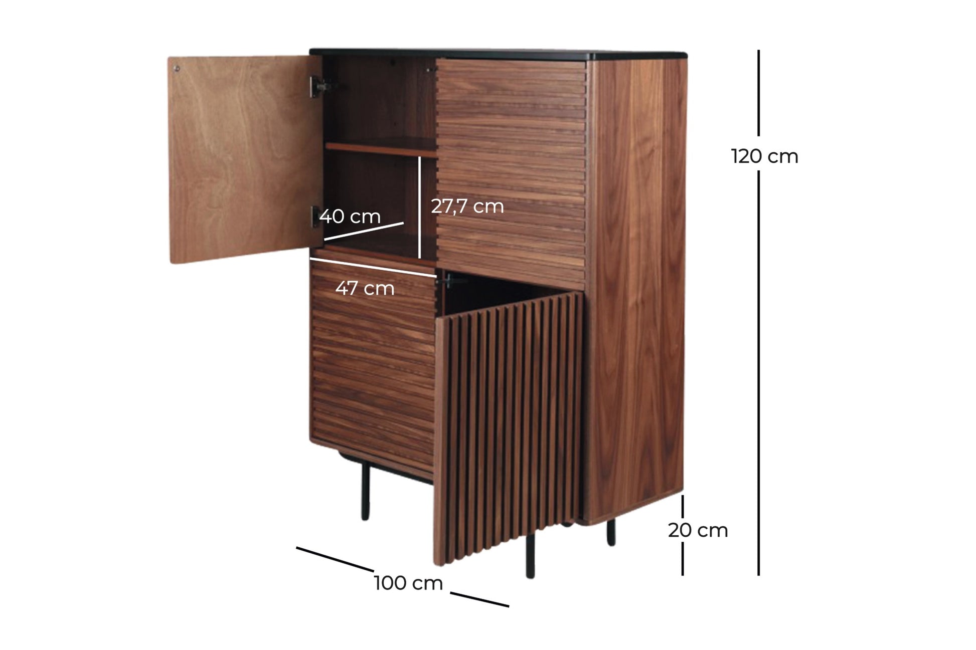 Brown walnut KOMO Cabinet with sleek design and modern handles, showcasing its stylish storage solution for living spaces.
