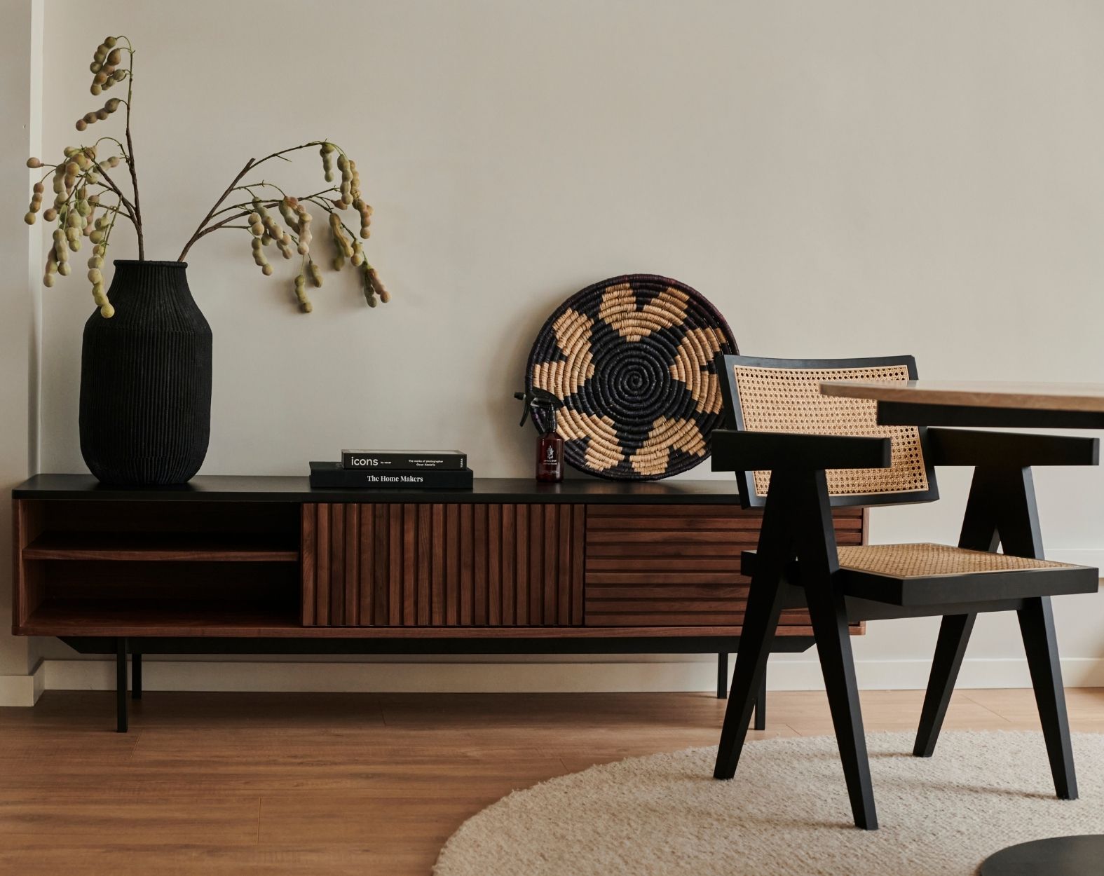 Brown walnut KOMO TV cabinet with sleek design and open shelving, ideal for modern living room entertainment setups.