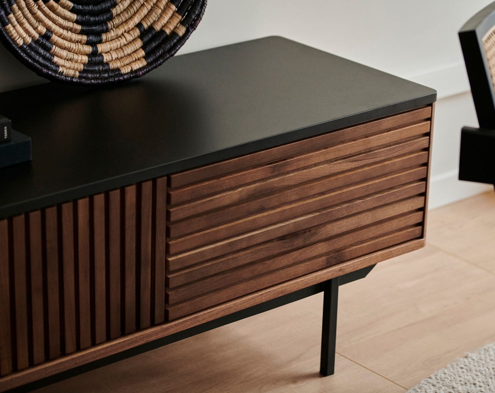 Brown walnut KOMO TV cabinet by My Store, featuring sleek design with storage compartments and modern style.