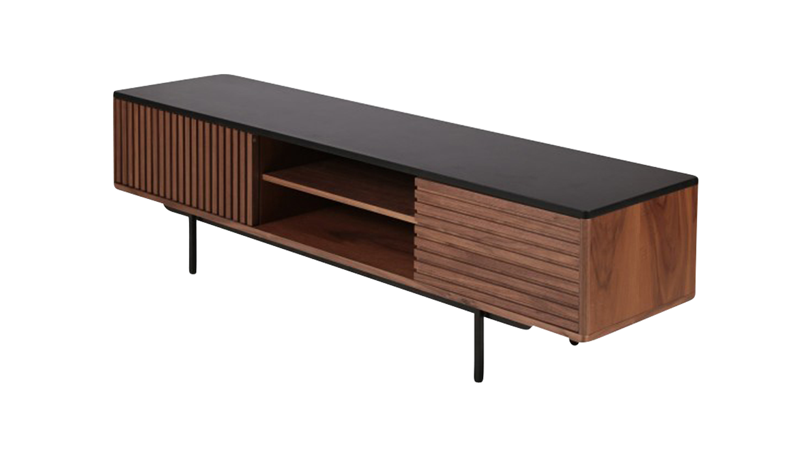 Brown walnut KOMO TV cabinet with sleek design and storage compartments, perfect for modern living room setups.