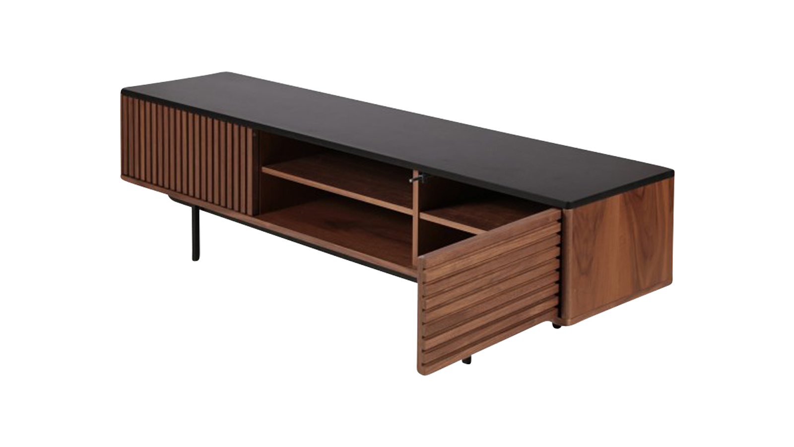 Brown walnut KOMO TV cabinet with sleek design and storage compartments, ideal for modern living rooms.