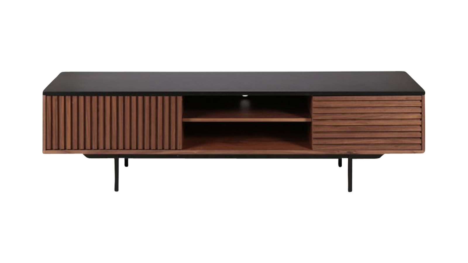Brown walnut KOMO TV cabinet with sleek design and storage compartments, perfect for modern living rooms.