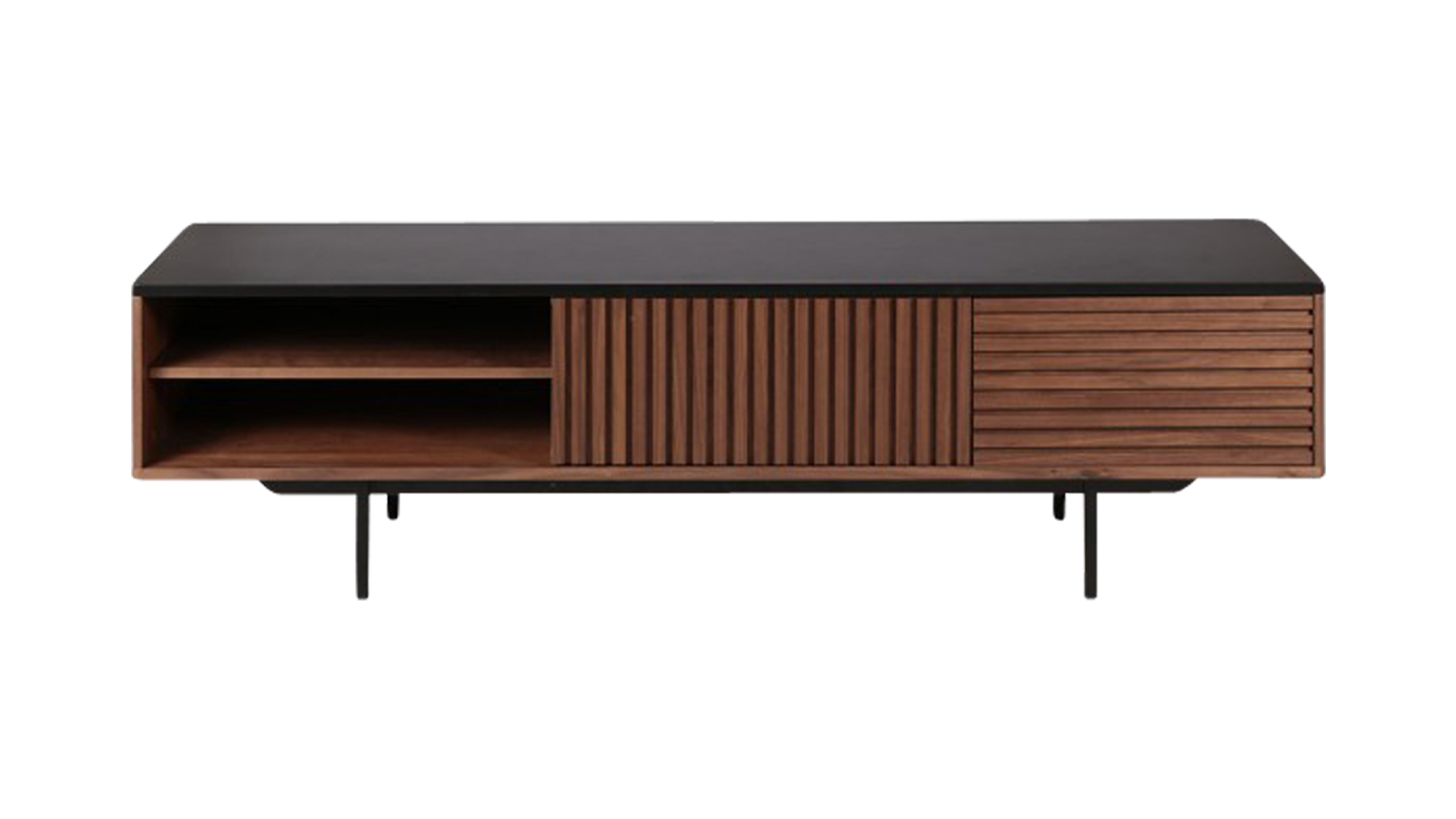 Brown walnut KOMO TV cabinet with sleek design and open shelving, perfect for modern living room decor.