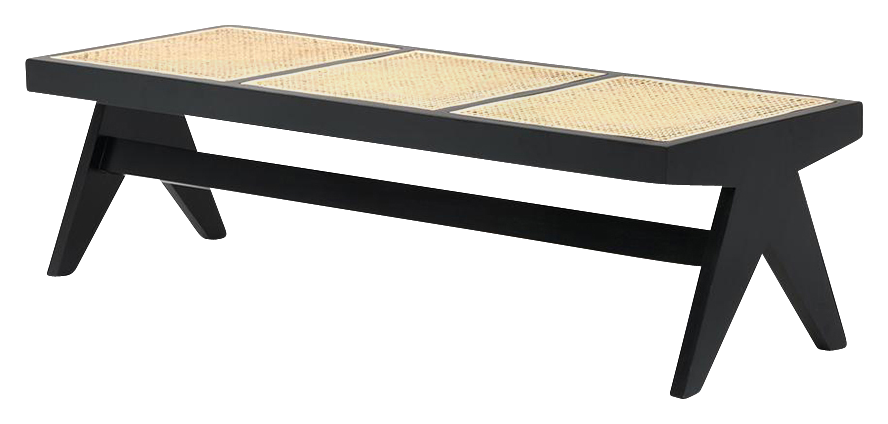 Black rattan bench named Pierre with a sturdy frame and woven rattan seat, ideal for indoor or outdoor seating.