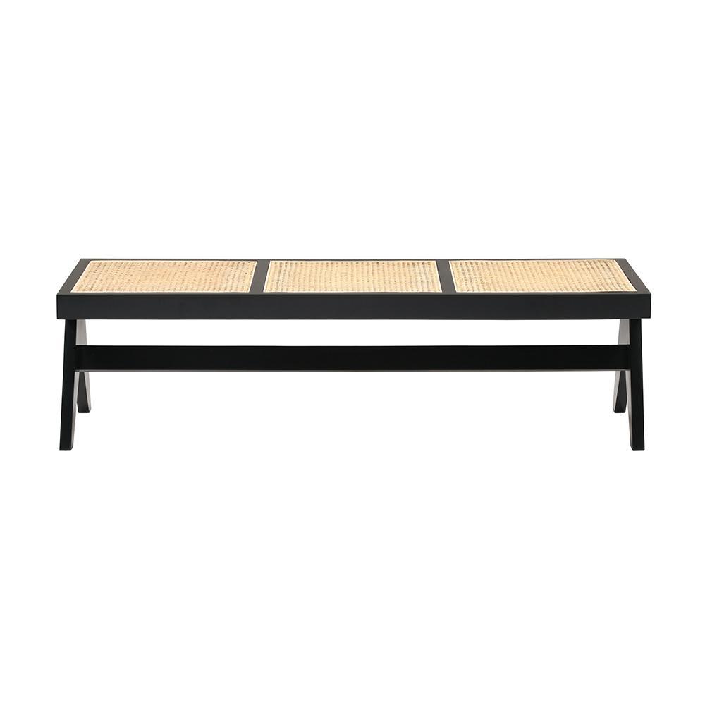 Black rattan bench named Pierre with a sturdy frame and woven rattan seating, designed for stylish outdoor or indoor use.