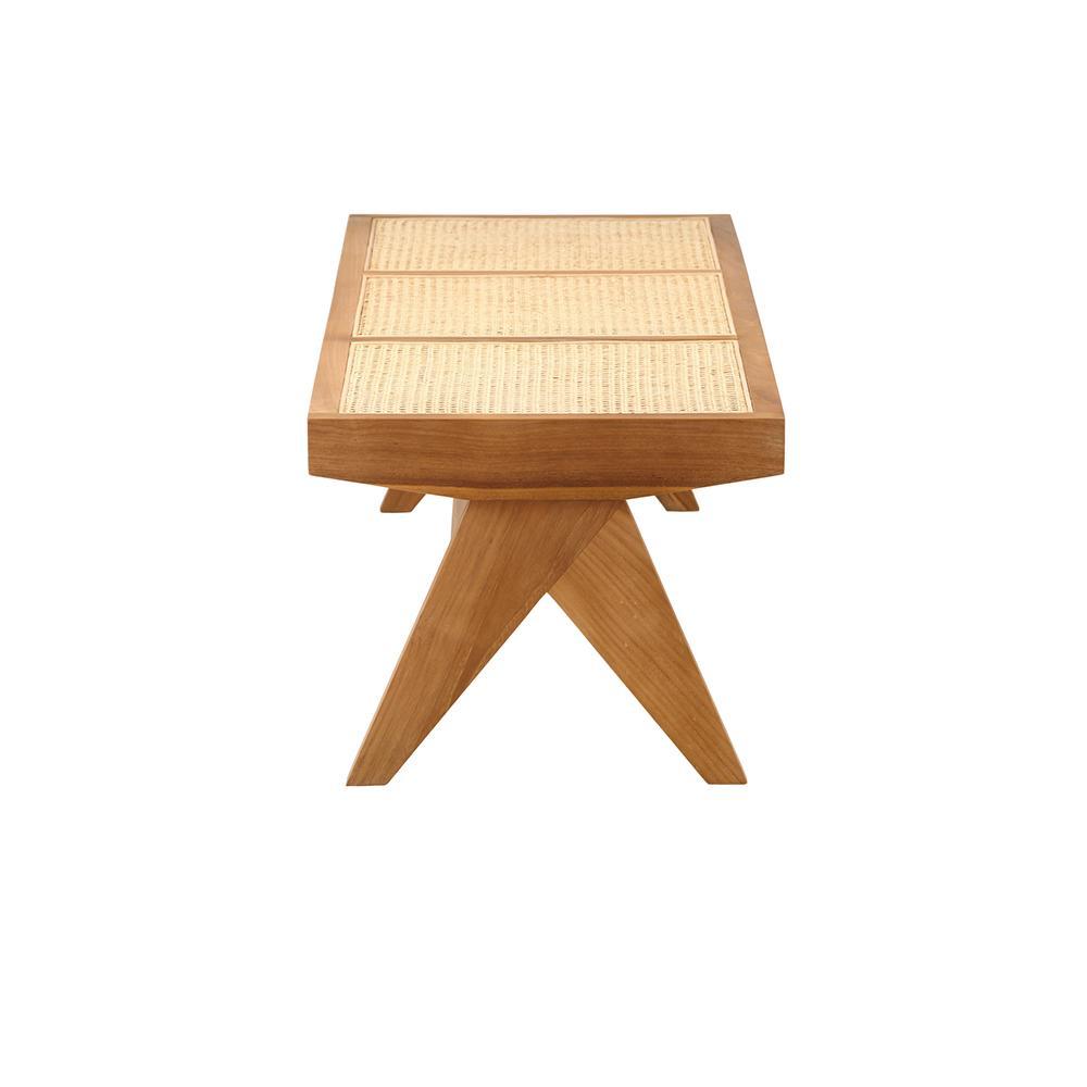 Brown rattan Pierre bench with wooden legs, stylish and sturdy seating for indoor or outdoor use.