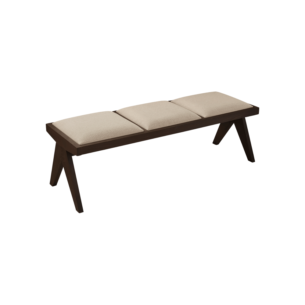 Dark brown rattan bench with upholstered seat, named Pierre, featuring a stylish design and sturdy construction.