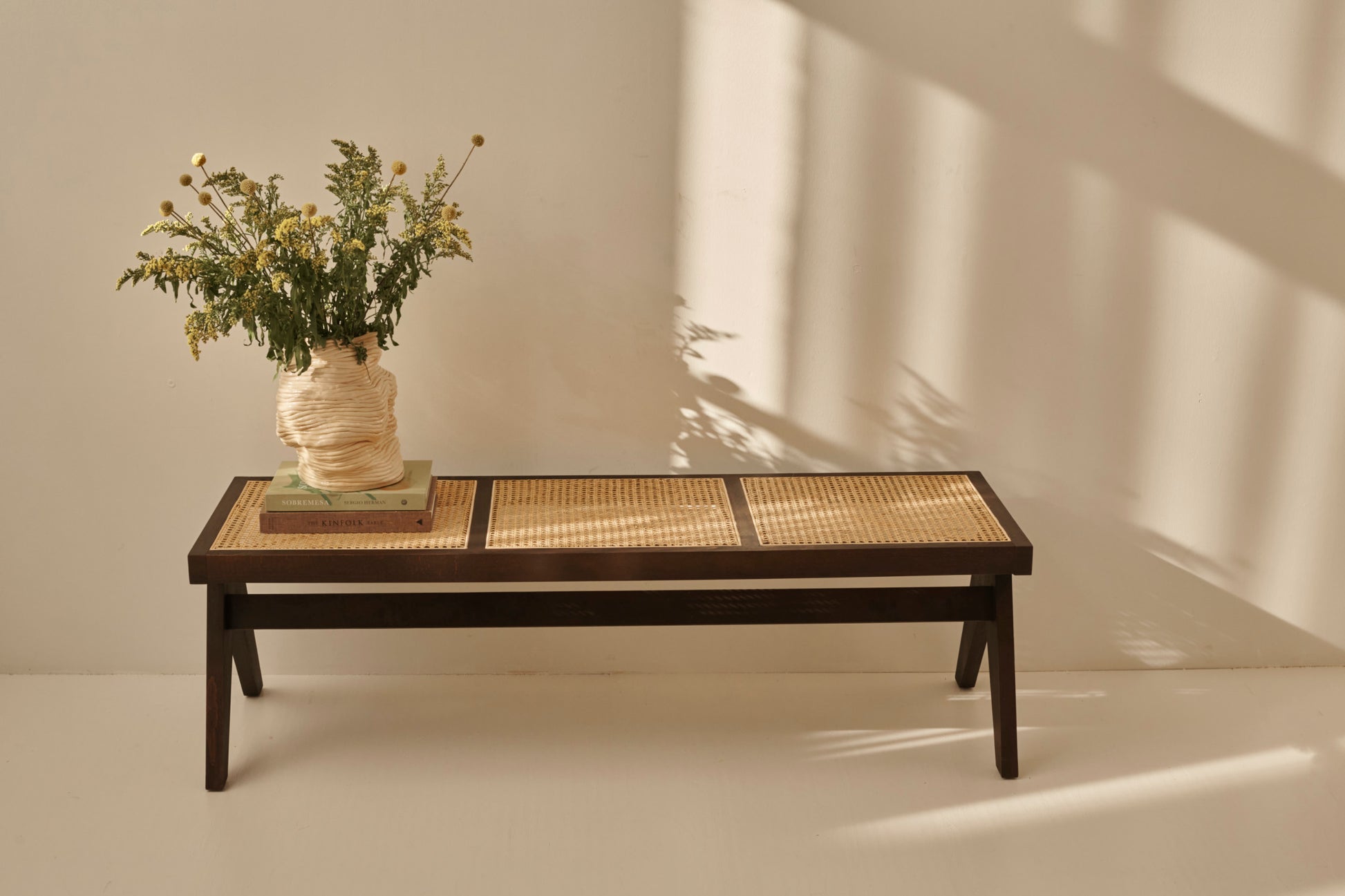 Dark brown rattan couch named Pierre with plush cushions, showcasing a stylish seating option for indoor or outdoor spaces.