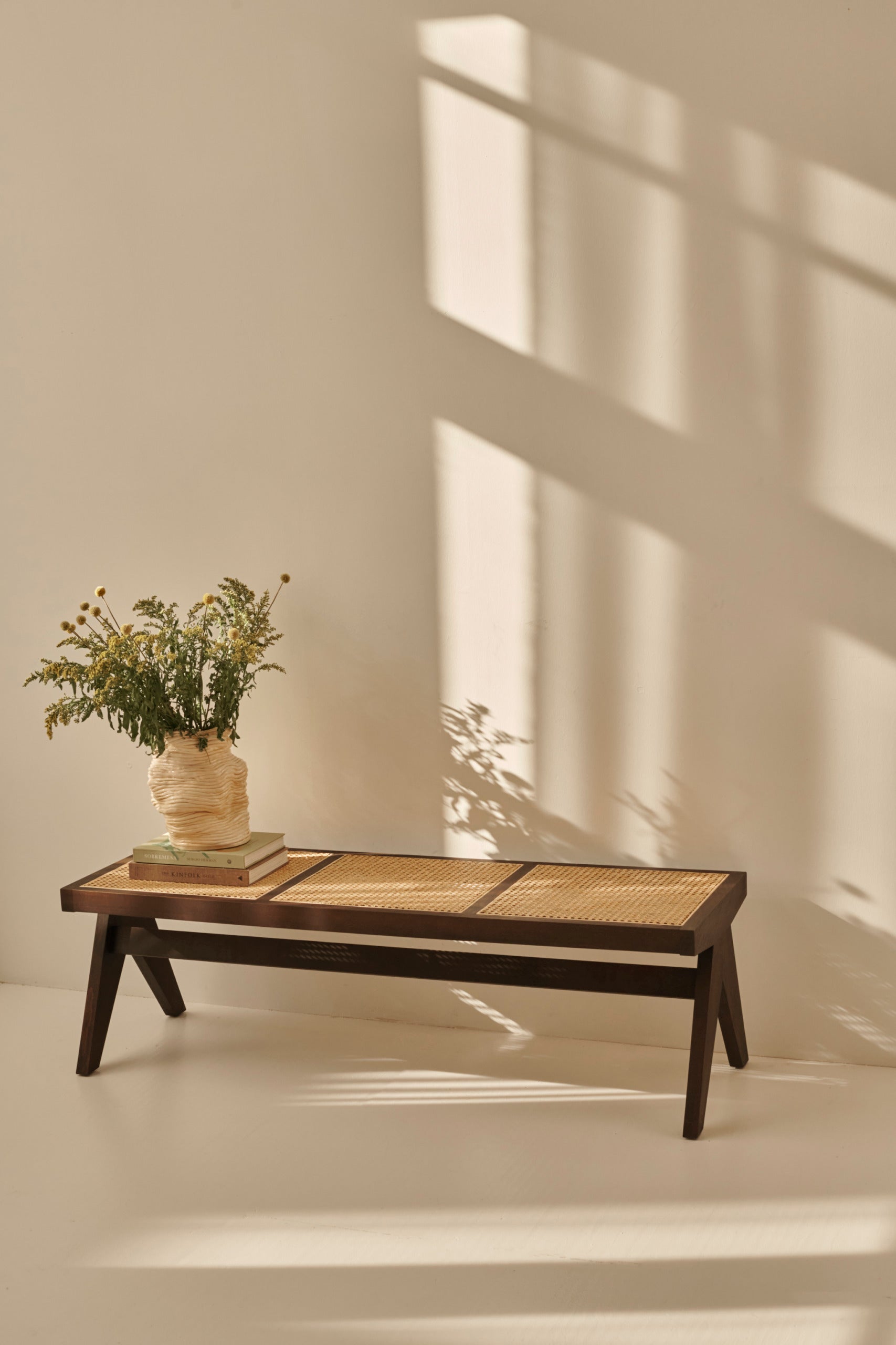 Dark brown rattan couch named Pierre with plush cushions, stylishly designed for comfortable outdoor or indoor lounging.
