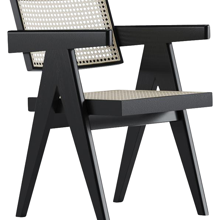 Black rattan dining chair named Pierre with a sleek, modern design, featuring woven rattan seats and sturdy black frame.