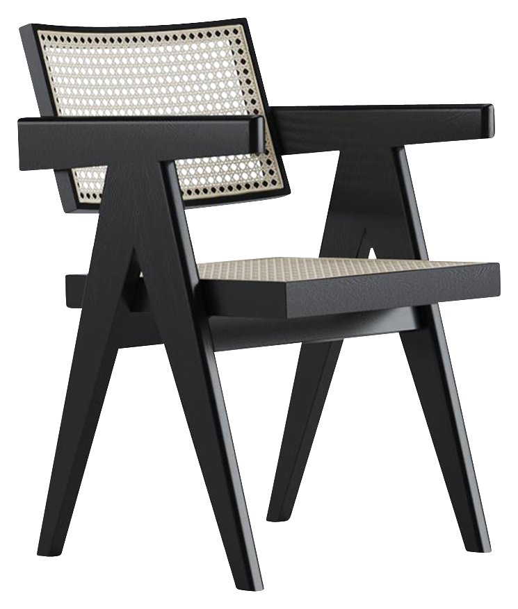 Black rattan dining chair named Pierre with a sleek, modern design, featuring woven rattan seats and sturdy black frame.