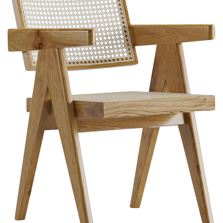 Brown rattan dining chair named Pierre with a woven seat and curved backrest, showcasing a stylish and comfortable design.