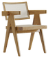 Brown rattan dining chair named Pierre with a woven seat and curved backrest, showcasing a stylish and comfortable design.
