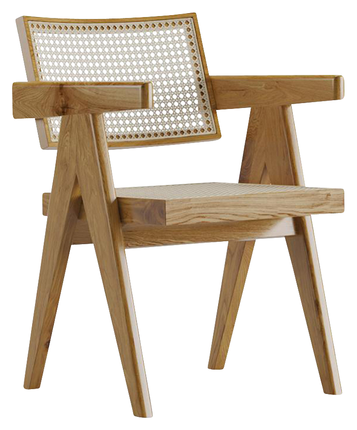 Brown rattan dining chair named Pierre with a woven seat and curved backrest, showcasing a stylish and comfortable design.