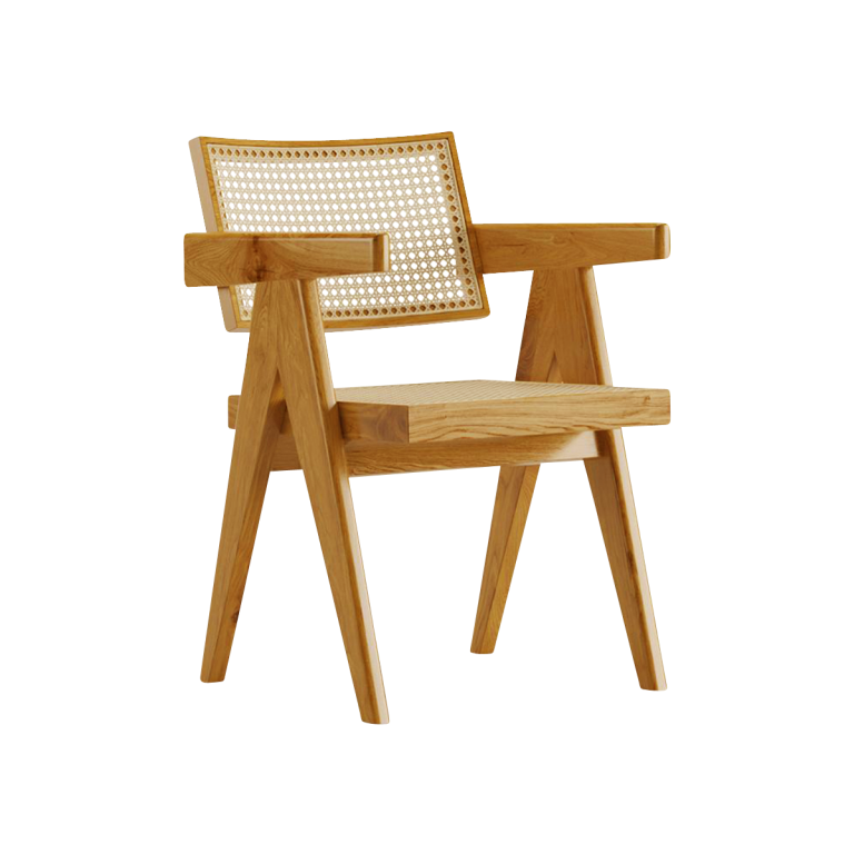 Brown rattan dining chair named Pierre with a sleek design, ideal for modern dining spaces.