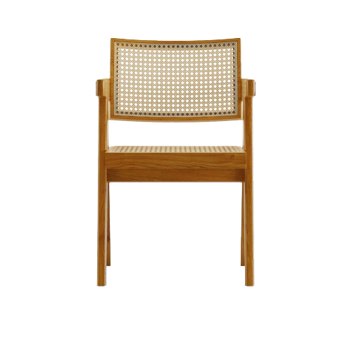 Brown rattan dining chair named Pierre with a natural woven seat and curved backrest, perfect for stylish dining rooms.