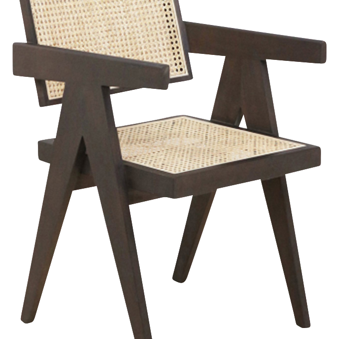 Dark brown rattan dining chair named Pierre, featuring a stylish woven rattan design and sturdy wooden legs.
