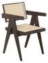 Dark brown rattan dining chair named Pierre, featuring a stylish woven rattan design and sturdy wooden legs.