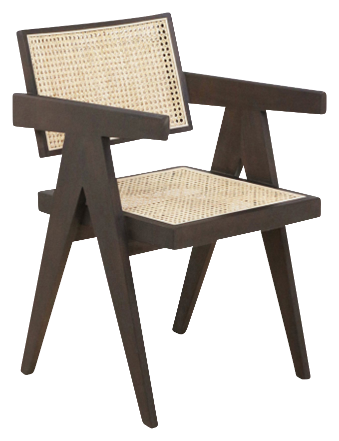 Dark brown rattan dining chair named Pierre, featuring a stylish woven rattan design and sturdy wooden legs.